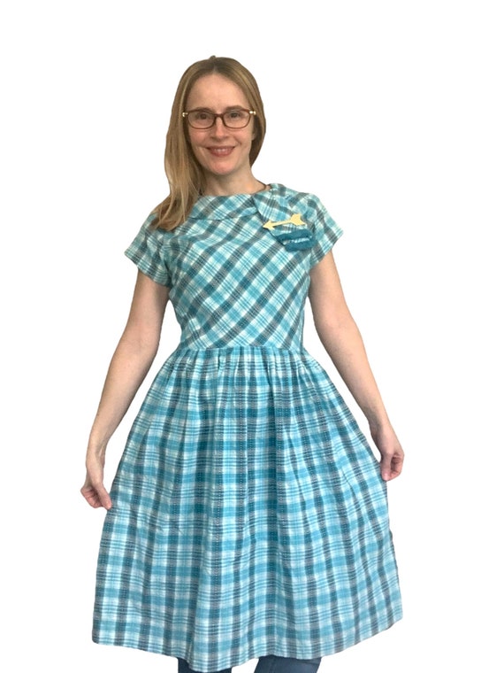 50s Plaid Day Dress Short Sleeve Blue S