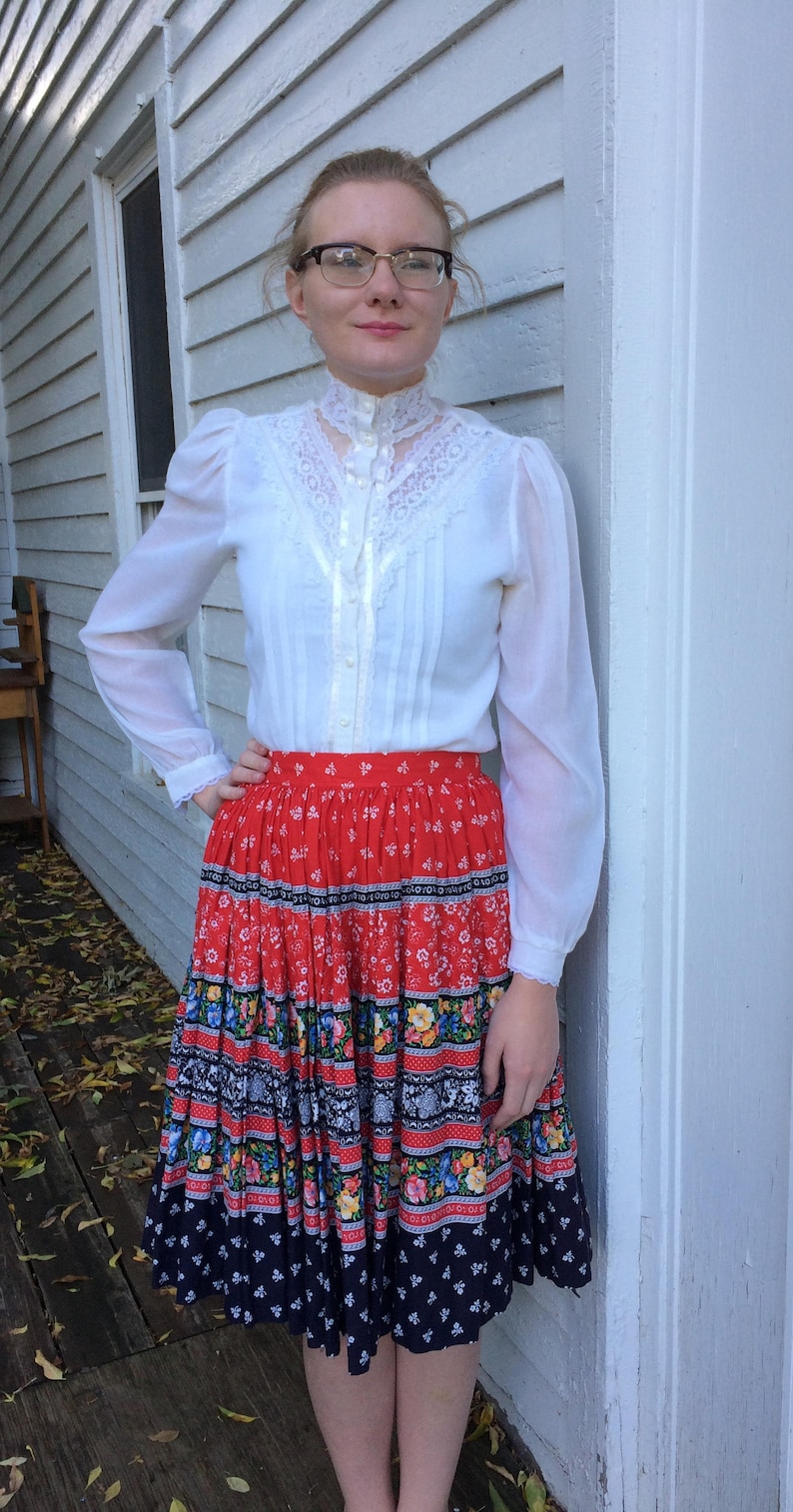 60s Red Print Skirt Full Cotton Floral Vintage 28 Waist M | Etsy