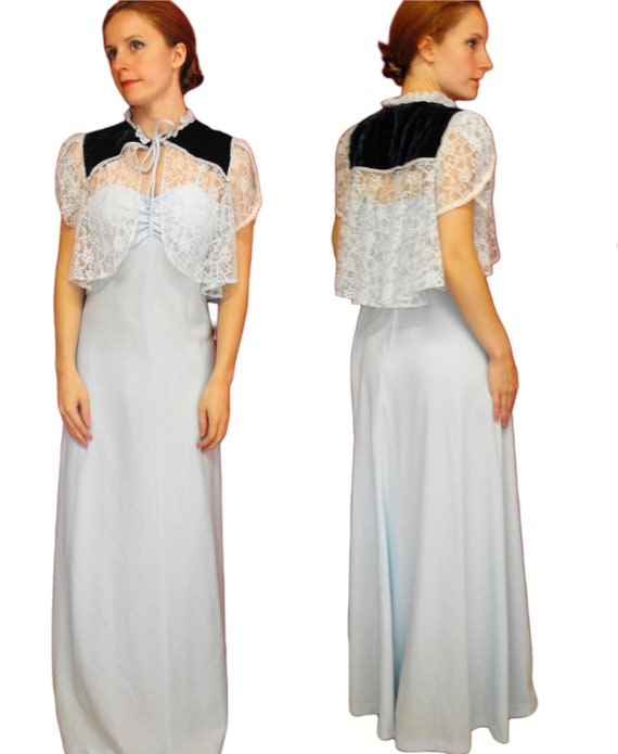 70s Maxi Dress with Lace Velvet Shrug Formal Blue 