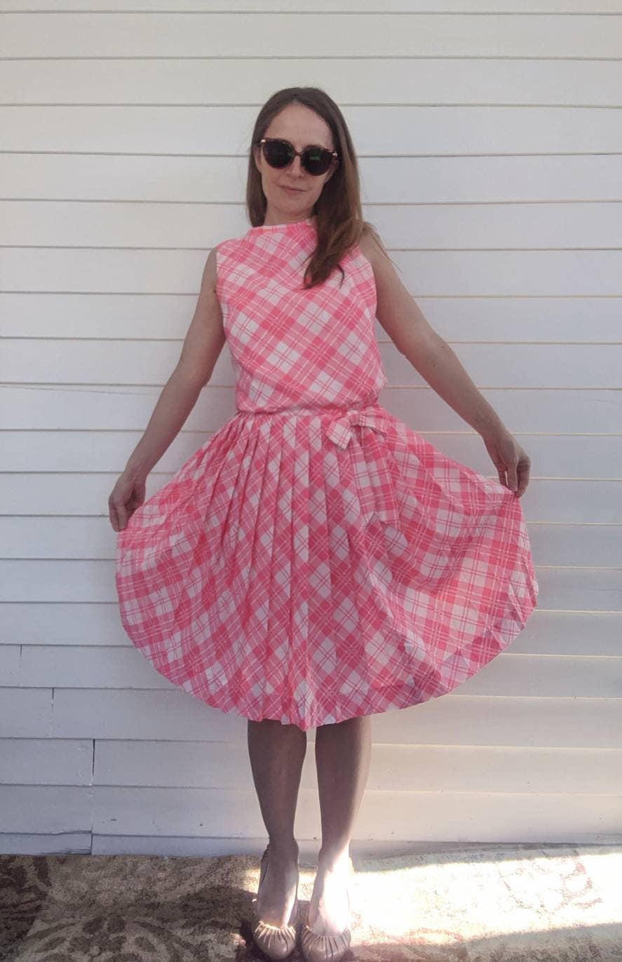 60s Pink Plaid Dress Button Back Pleated Sleeveless Summer