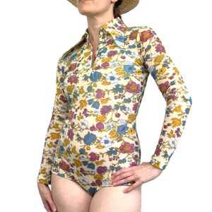 70s Bodysuit Hippie Floral Long Sleeve XS