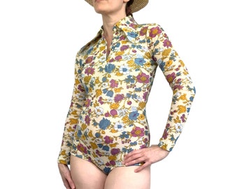 70s Bodysuit Hippie Floral Long Sleeve XS