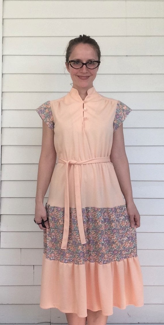 70s Peach Floral Dress Polyester Vintage S - image 5