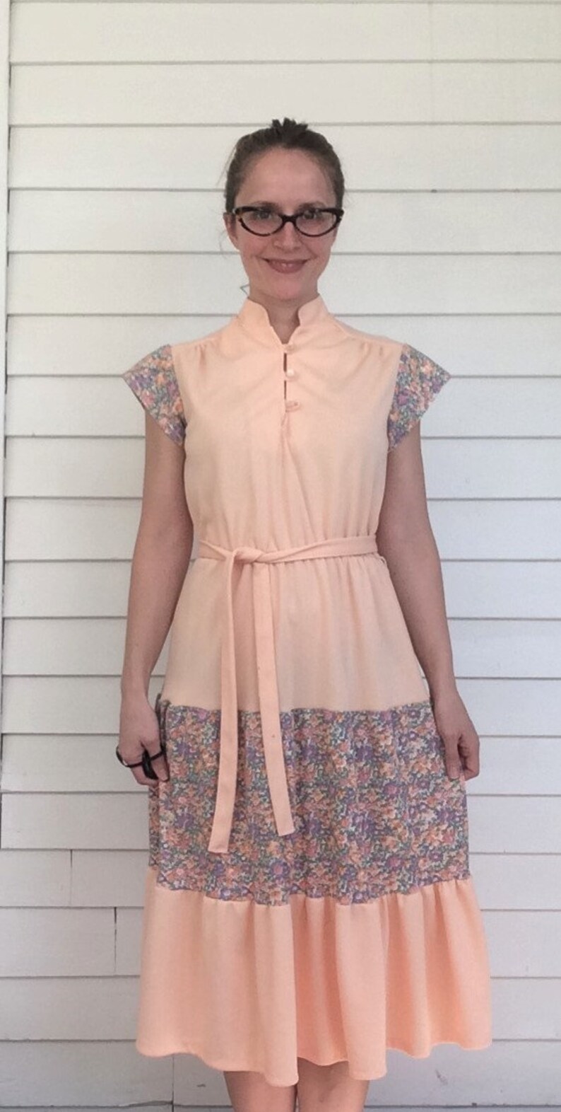 70s Peach Floral Dress Polyester Vintage S - Etsy
