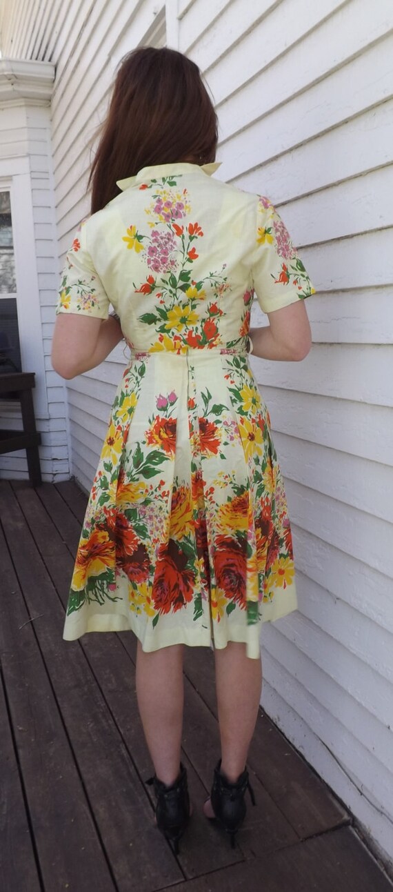 50s Yellow Floral Print Dress Vintage Cotton Day … - image 3