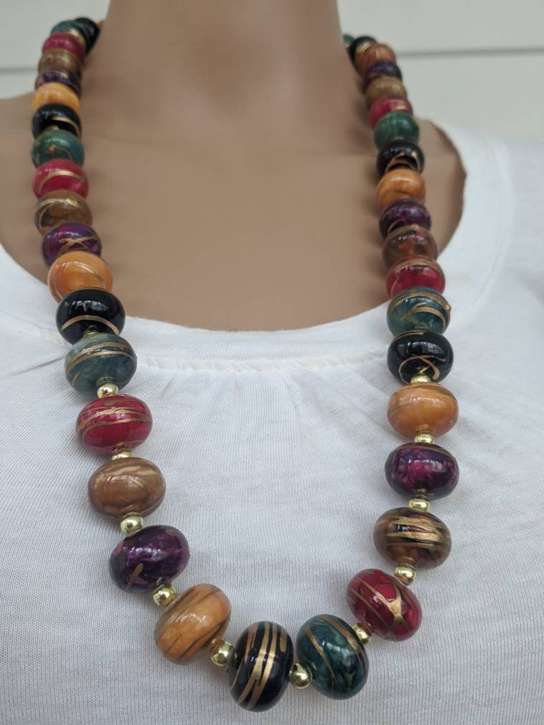 Colorful Bead Necklace 80s Multicolor Gold Paint Costume Etsy