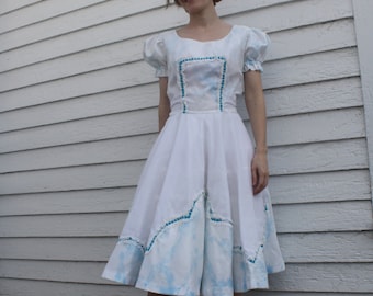 White Blue Print Square Dance Dress H Bar C Vintage S M