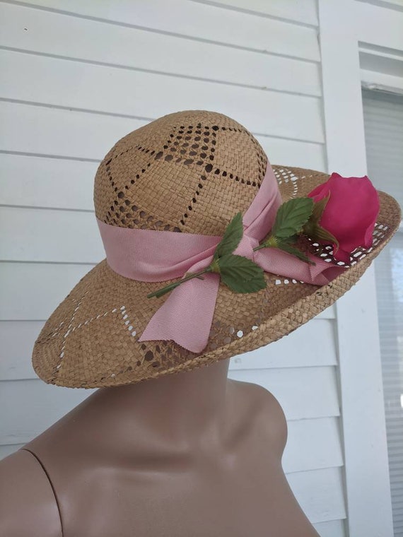 Vintage Straw Summer Hat Wide Brim Ribbon Floral … - image 1