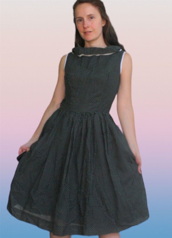 50s Dark Green Dress Polka Dot Print Sleeveless V… - image 5