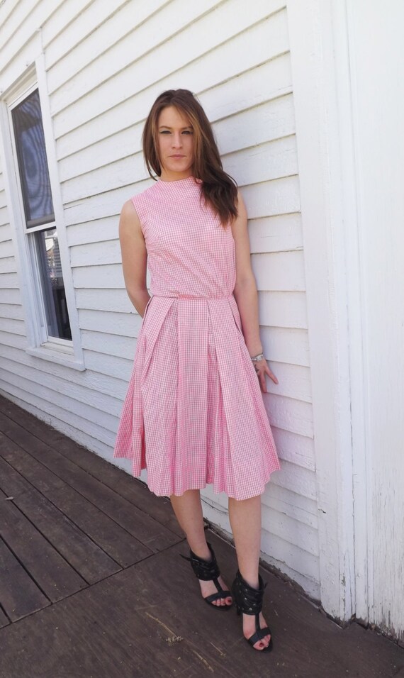 50s Pink Gingham Dress Vintage Sleeveless XS 34 Bu