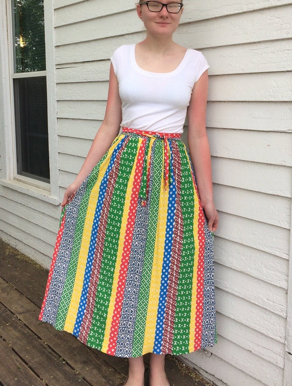 70s Hippie Striped Maxi Skirt Casual S 26 Waist Multi Mixed Print