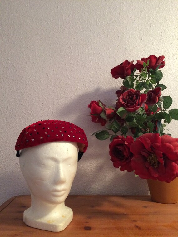 Red Beaded Fascinator Hat Velvet Sequin Paillette… - image 3