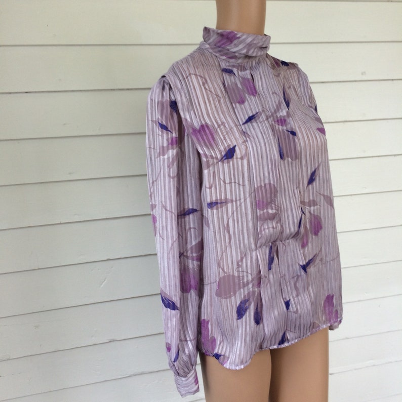 Pale Purple Sheer Striped Blouse Top 80s Lilac Vintage M L