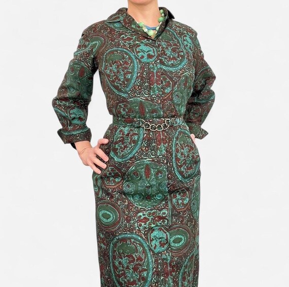 dark green 50s dress 50s Dark Green Print Dress Vintage 1950s Cotton Lined S