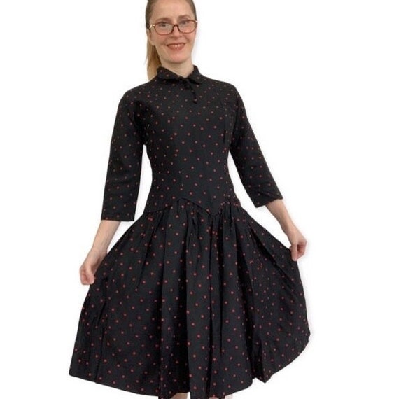 50s Polka Dot Black Dress Red Dots 34 26 S - image 1