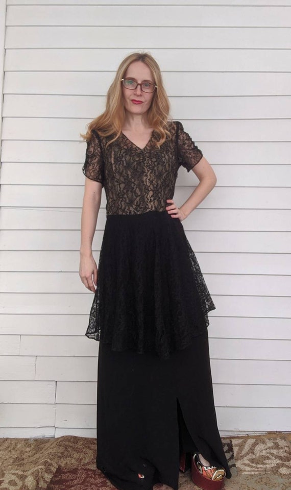 40s Black Lace Gown S Vintage AS IS needs hem sho… - image 3