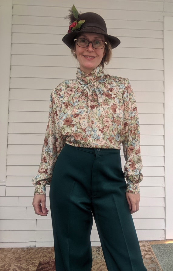 80s Floral Blouse High Neck Long Sleeve S M - image 8