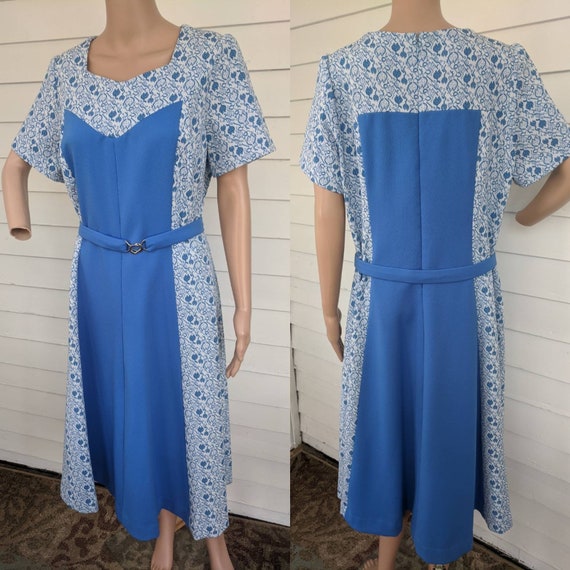 60s Blue Print Polyester Mod Dress L XL 42 Bust