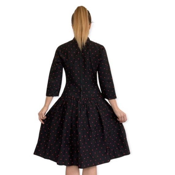 50s Polka Dot Black Dress Red Dots 34 26 S - image 4