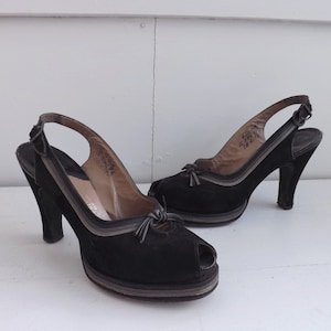 40s Palter DeLiso Platform Shoes Peeptoe Slingback Heels Vintage 6 1/2 AA Suede