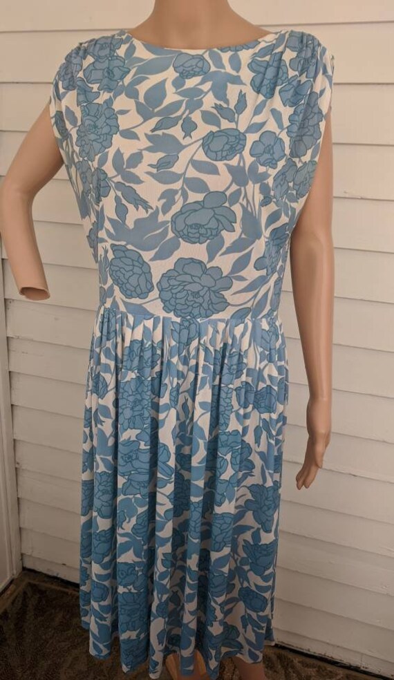 50s Floral Print Dress Blue White Vintage M L 38 … - image 4