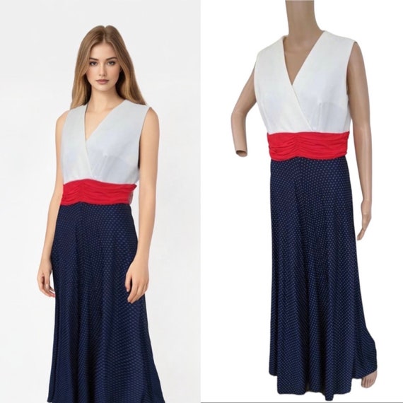 70s Mod Palazzo Jumpsuit Red White Blue Dot Sleev… - image 1