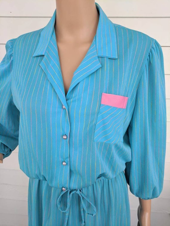 Blue Retro Dress 80s does 50s Sheer Striped Casua… - image 9