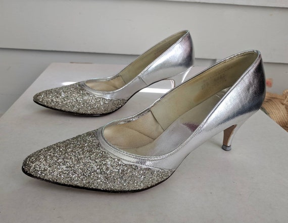Silver Glitter Heels 60s Shoes Beverly 7 1/2 | Etsy