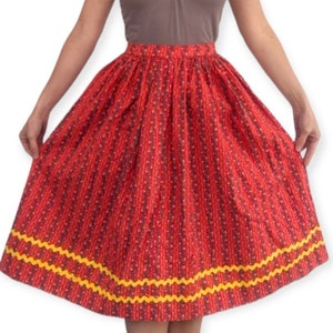 60s Red Print Skirt Full Cotton Floral Vintage 24 Waist XS
