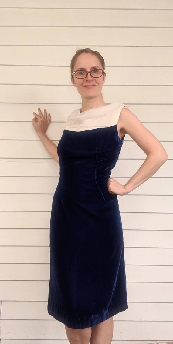 Blue Velvet Party Dress Chiffon 60s Sleeveless XS - image 3