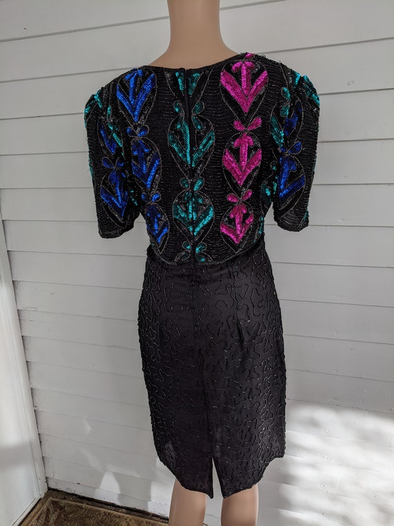 80s Silk Sequin Beaded Dress AS IS Black Formal XS - image 5