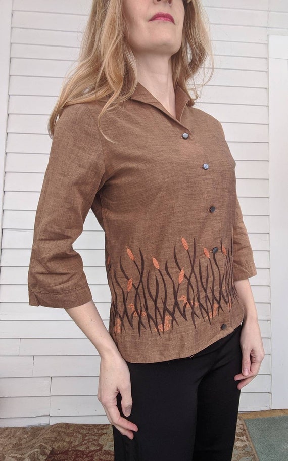 60s Embroidered Blouse Brown Cattails Ducks Vinta… - image 6