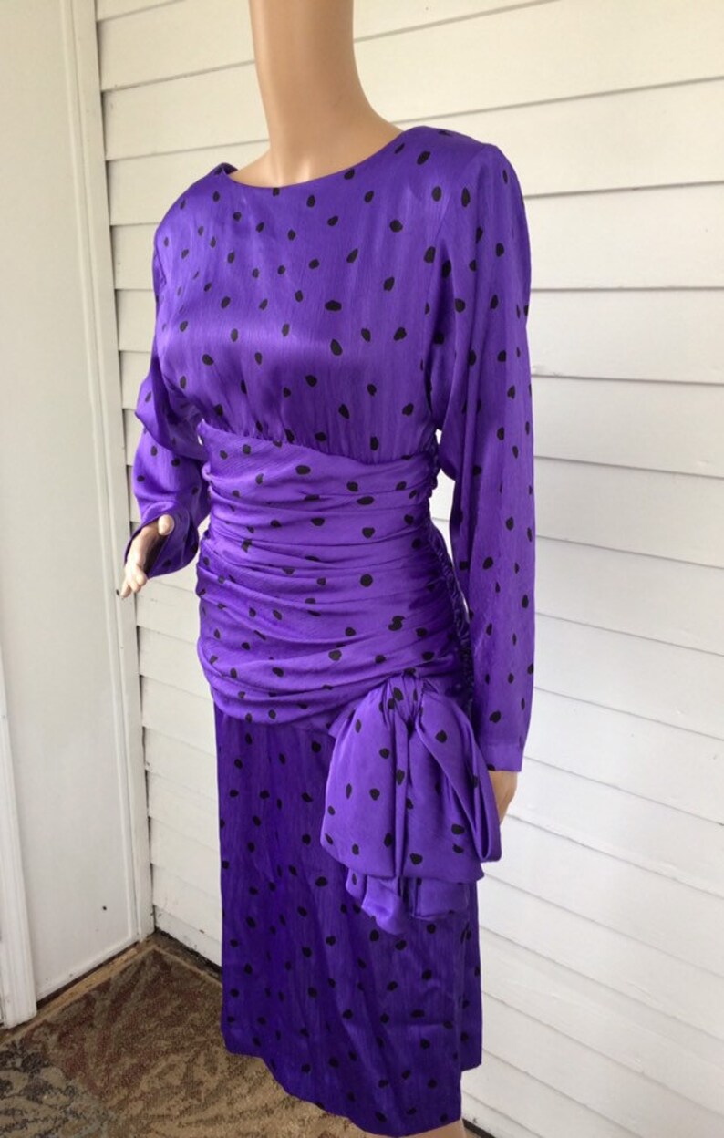 80s Purple Polka Dot Dress I Magnin Vintage Bow S image 3