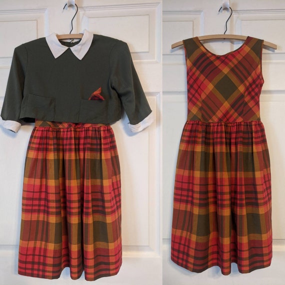 Vintage Girls Sleeveless Plaid Dress and Button Ba