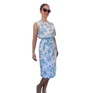 60s Floral Dress White Blue Print Summer Sleeveless XS S