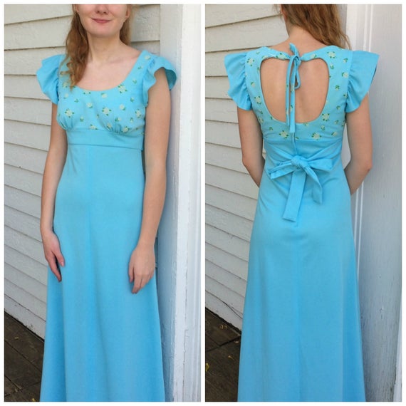 Blue Floral Maxi Dress Open Back 70s Vintage S