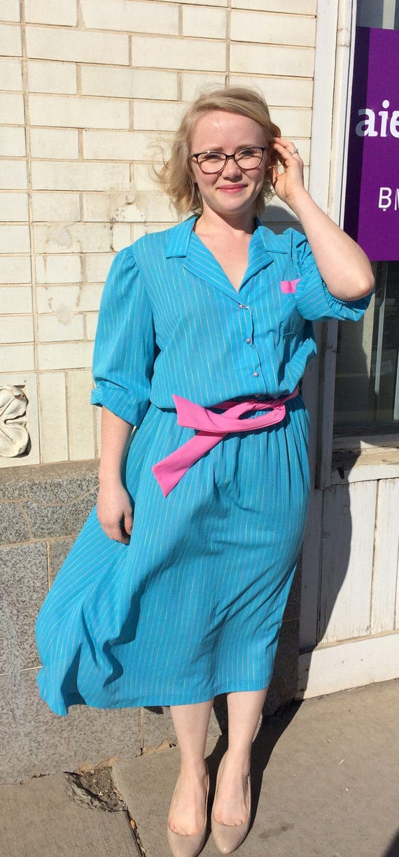 Blue Retro Dress 80s does 50s Sheer Striped Casua… - image 10