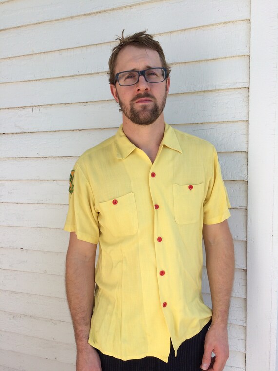 50s Yellow Bowling Shirt Air Flo Mens Short Sleev… - image 4