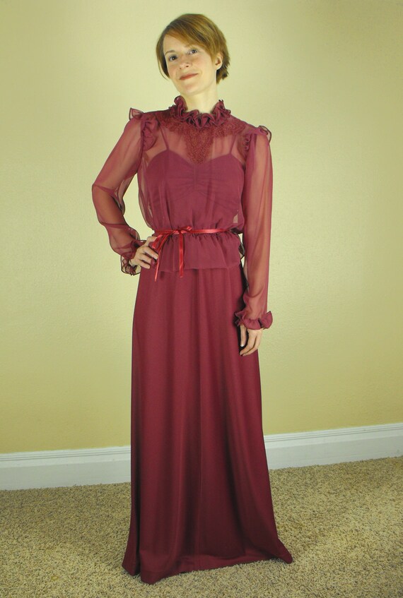 70s Dress with Sheer Lace Blouse Dark Burgundy Re… - image 9