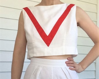 Vintage Cropped V Button Back Top White High Waist Skirt XS