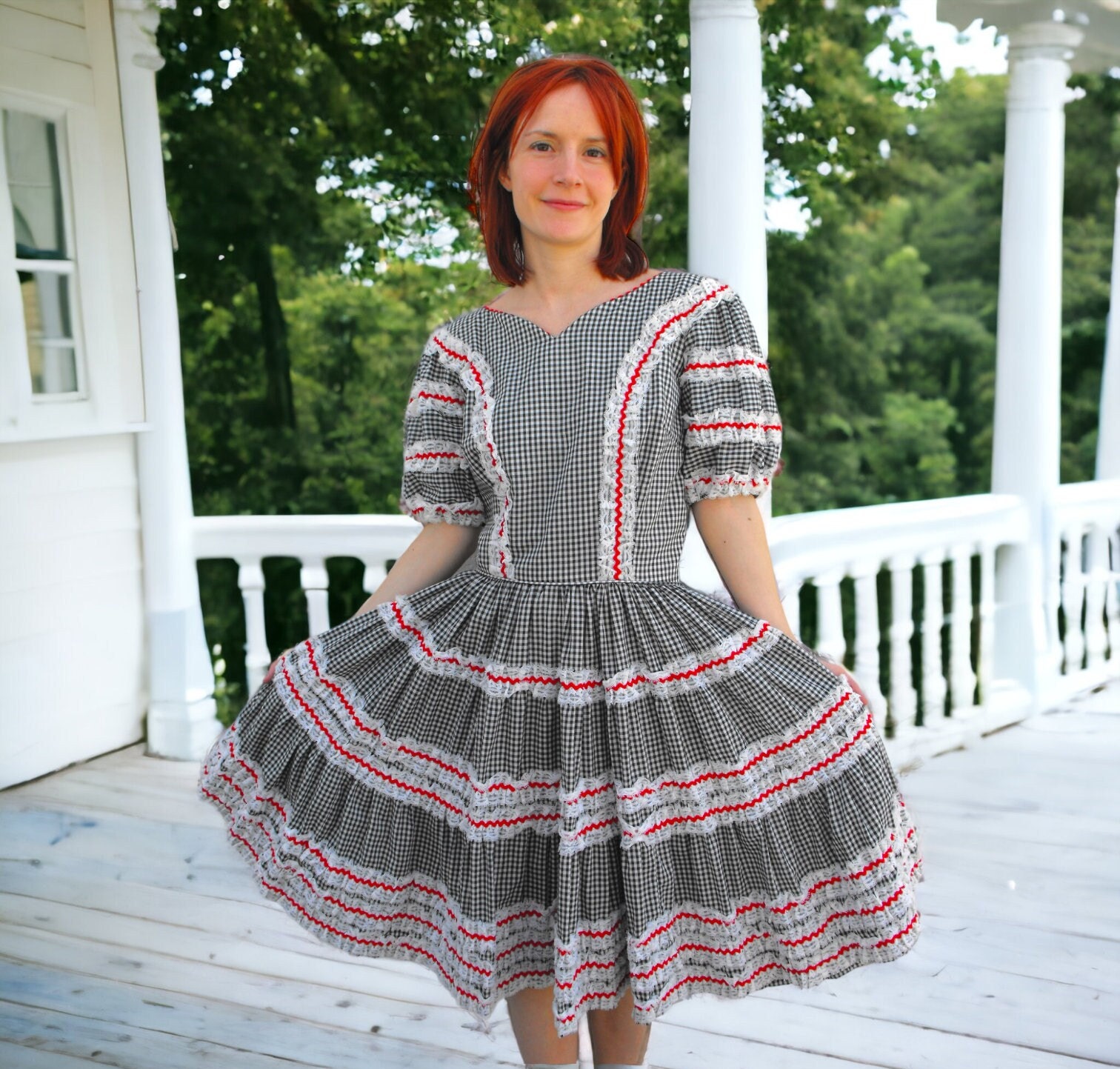 ワンピース 60s 70s gingham check western dress Country Western Dress Check Print Black White Gingham Square