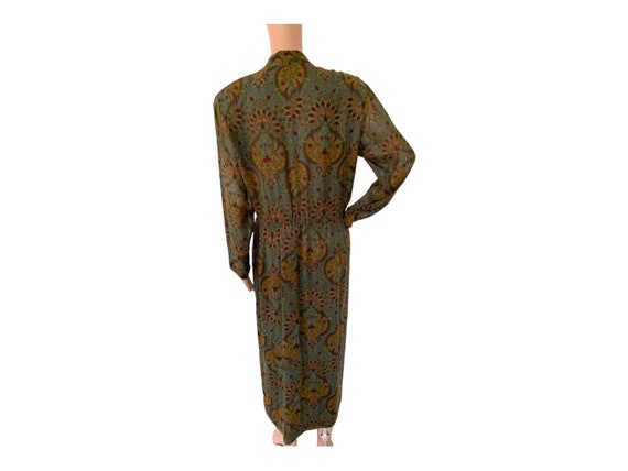Green Print Silk Dress 80s Long Sleeve Vintage 10… - image 2