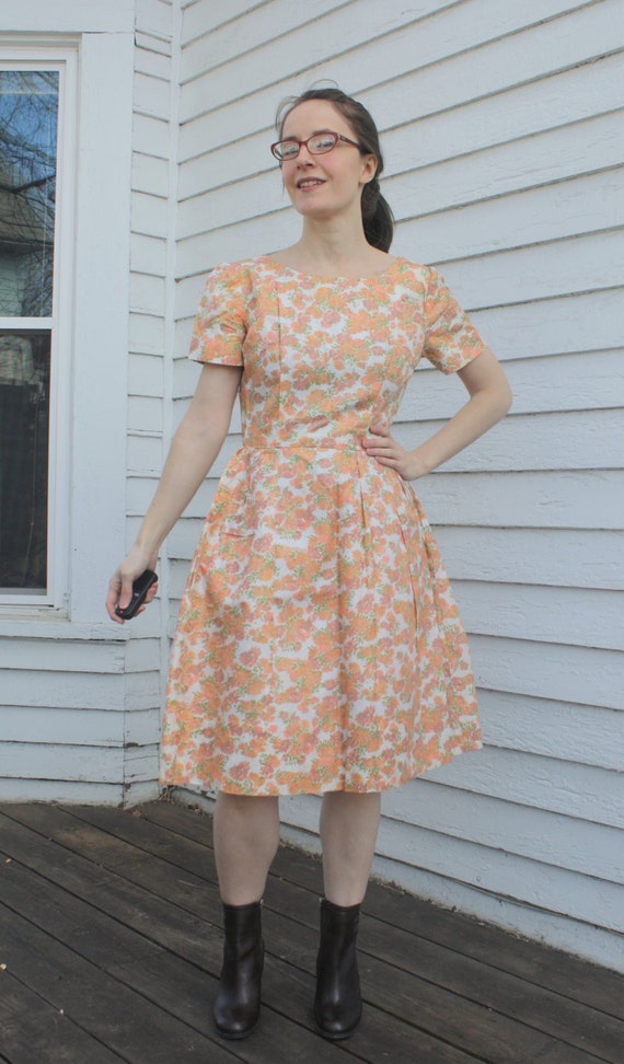 60s Floral Party Dress Peach Vintage 1960s Short … - image 3