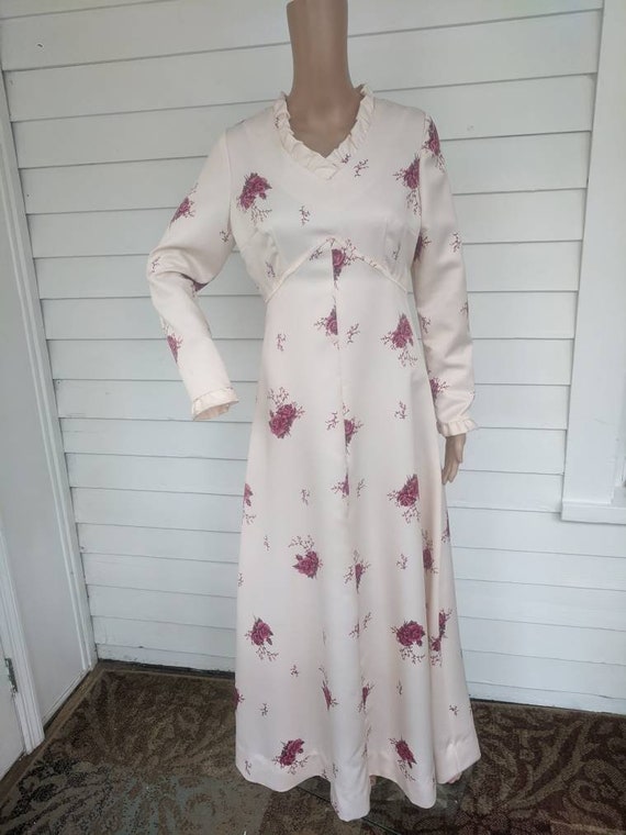 70s Floral Print Dress Long Sleeve Gown Long Pink… - image 3