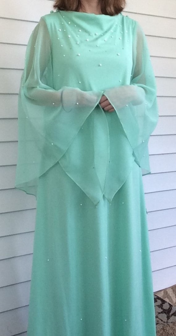 70s Maxi Dress Seafoam Sheer Sleeve Beaded Formal L M