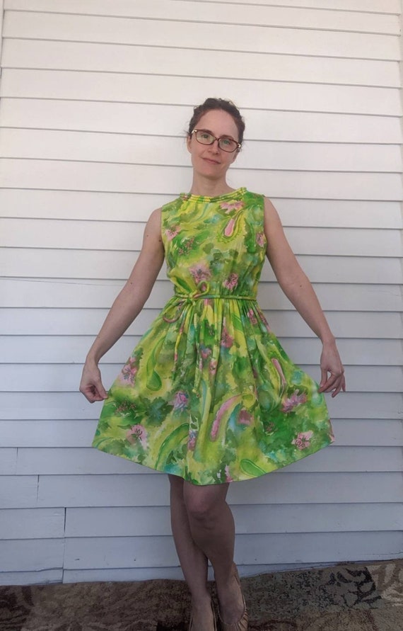 60s Green Floral Dress Sleeveless Mod Print XS Pe… - image 8