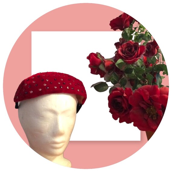Red Beaded Fascinator Hat Velvet Sequin Paillette… - image 2