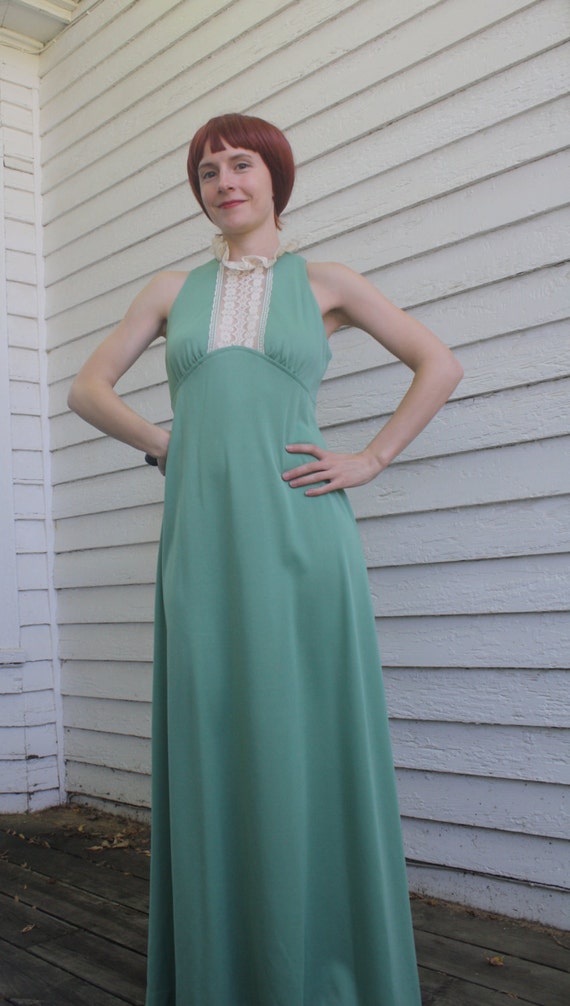 70s Lace Collar Green Dress Retro Victorian Maxi … - image 4