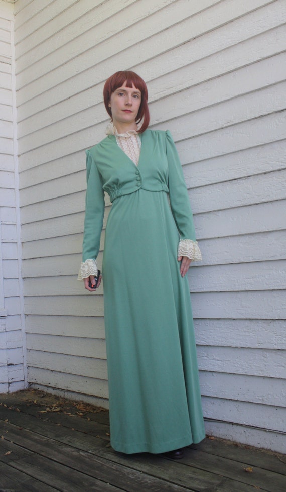 70s Lace Collar Green Dress Retro Victorian Maxi … - image 7