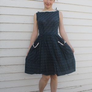 50s Plaid Day Dress Sleeveless Dark Blue Green Fit Flare XS
